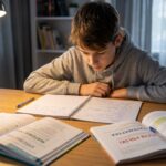 Uczeń siedzący przy biurku z otwartymi podręcznikami i zeszytem, skupiony na nauce przed egzaminem ósmoklasisty
