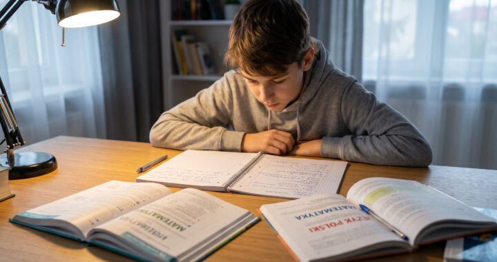 Uczeń siedzący przy biurku z otwartymi podręcznikami i zeszytem, skupiony na nauce przed egzaminem ósmoklasisty